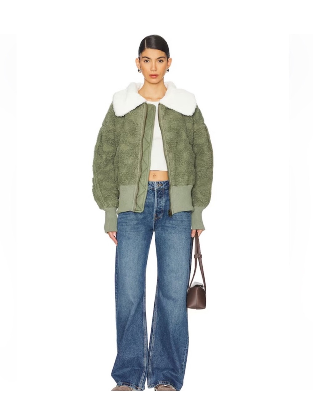 Free People Cozy Up Cardi Crystal Kelp Jacket Olive Color Faux Fur Jacket XS